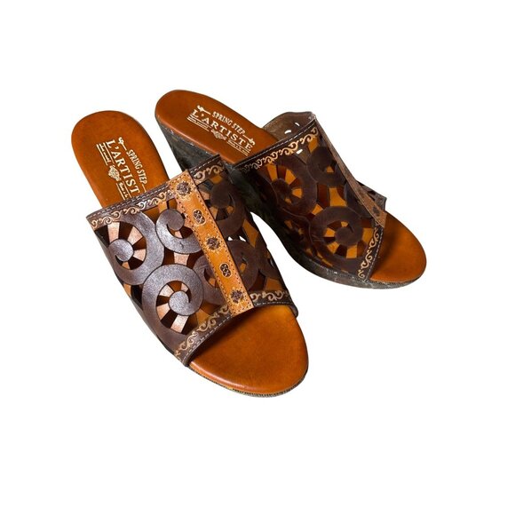 L'Artiste Spring Step Zoe Size 40 /9 Mules Sandals Platforms Laser Cut New Brown - Picture 1 of 13
